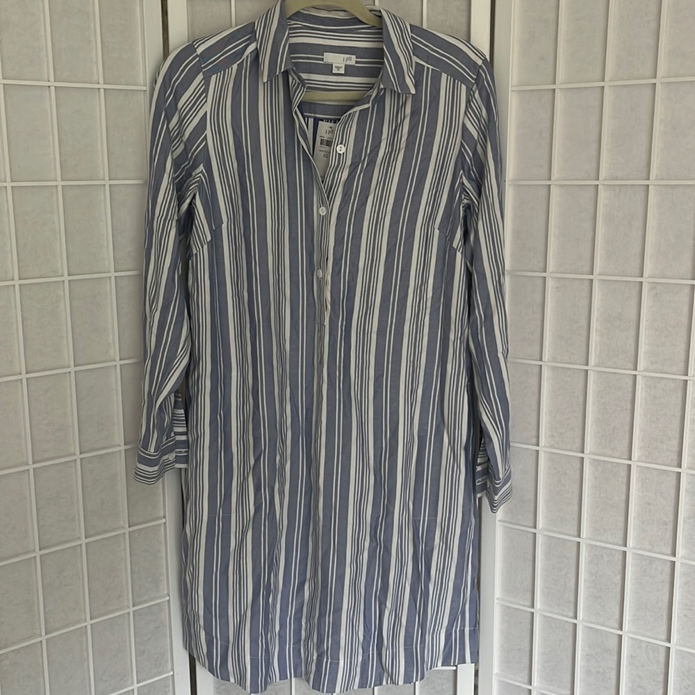 🆕 J Jill Medium Long Sleeve Blue Stripe Shirt Tunic Dress